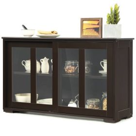 Brown Wood Buffet Storage Cabinet w/ Glass Sliding Door