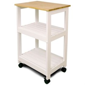 White Microwave Cart w/ Butcher Block Top & Locking Casters