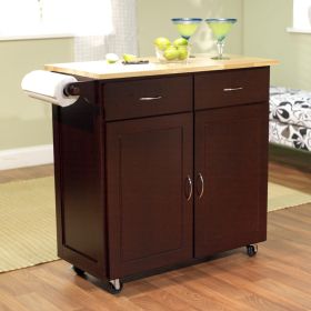 Portable Kitchen Island Cart with Natural Wood Top in Espresso