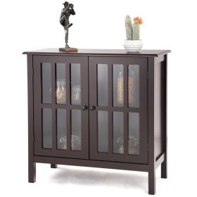 Brown Wood Buffet Cabinet w/ Glass Panel Doors