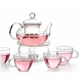 6-Piece Glass Tea Pot Set w/ 4 Cups Teapot Warmer & Infuser