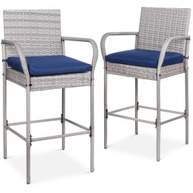 Grey Indoor/Outdoor Wicker Bar Stools w/ Blue Cushions