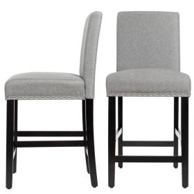 Set of 2 Modern Barstools w Black Wood Legs & Grey Linen Seat