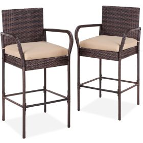 Brown Indoor/Outdoor Wicker Bar Stools w/ Tan Cushions