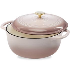 6 Qt Large Pink Beige Enamel Cast-Iron Dutch Oven