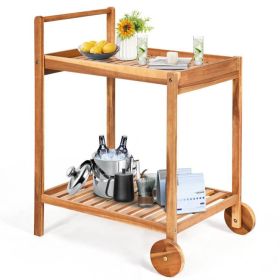 Solid Wood Rolling Serving Cart Kitchen Island w/ Bottom Shelf