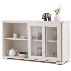 Modern Cream White Wood Buffet Cabinet w/ Glass Sliding Door