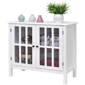 White Wood Buffet Cabinet w/ Glass Panel Doors