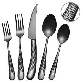 Runfly 20 Pc Hammered Black Silverware Set