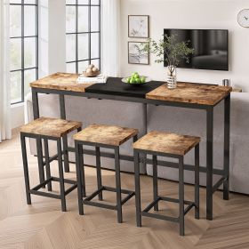 Modern Design Long Dining Table Set W/ 3 Stools, Natural+Blk