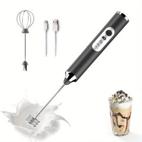 Milk Frother Handheld Rechargeable W/ 2pcs Stainless Whisk (Color: Black)