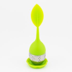 Tea Infuser Silicone Handle Stainless Steel Strainer w/ Drip Tray (Color: 1 Pack Green)